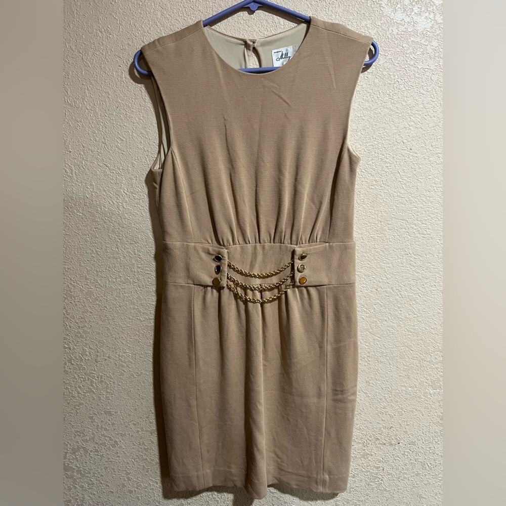 Milly of New York tan ponte three chain sleeveless sheath dress S